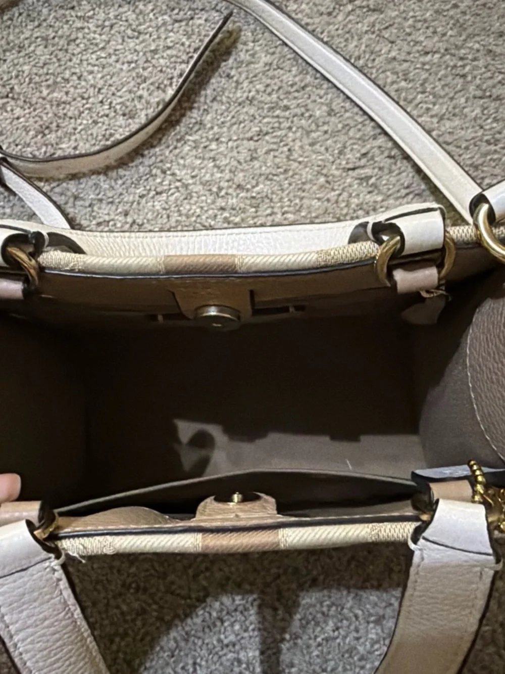 Coach Beige and Cream Signature Canvas Tote with Gold Accents